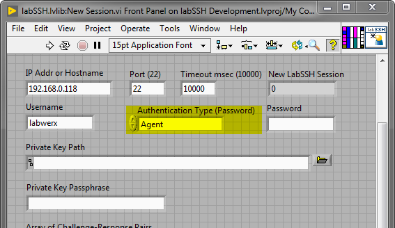 LabSSH New Session with Agent Authentication Highlighted