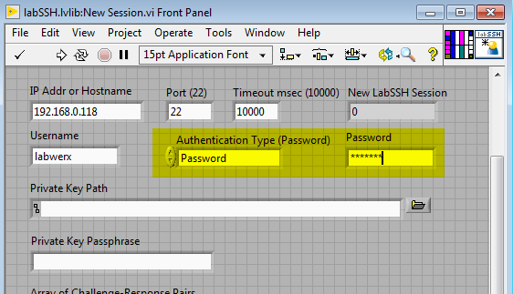 LabSSH New Session with Password Fields Highlighted